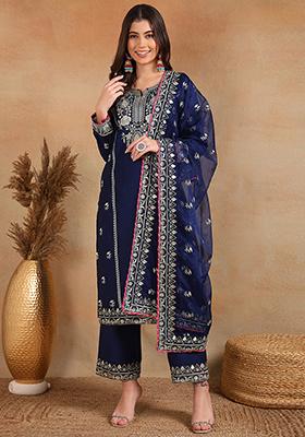 Blue Yoke Design Silk Blend Kurta Set