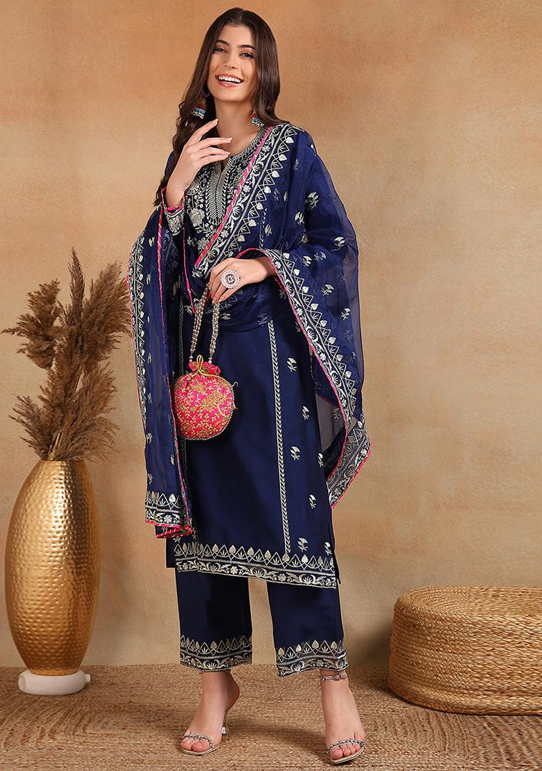Blue Yoke Design Silk Blend Kurta Set - Indya