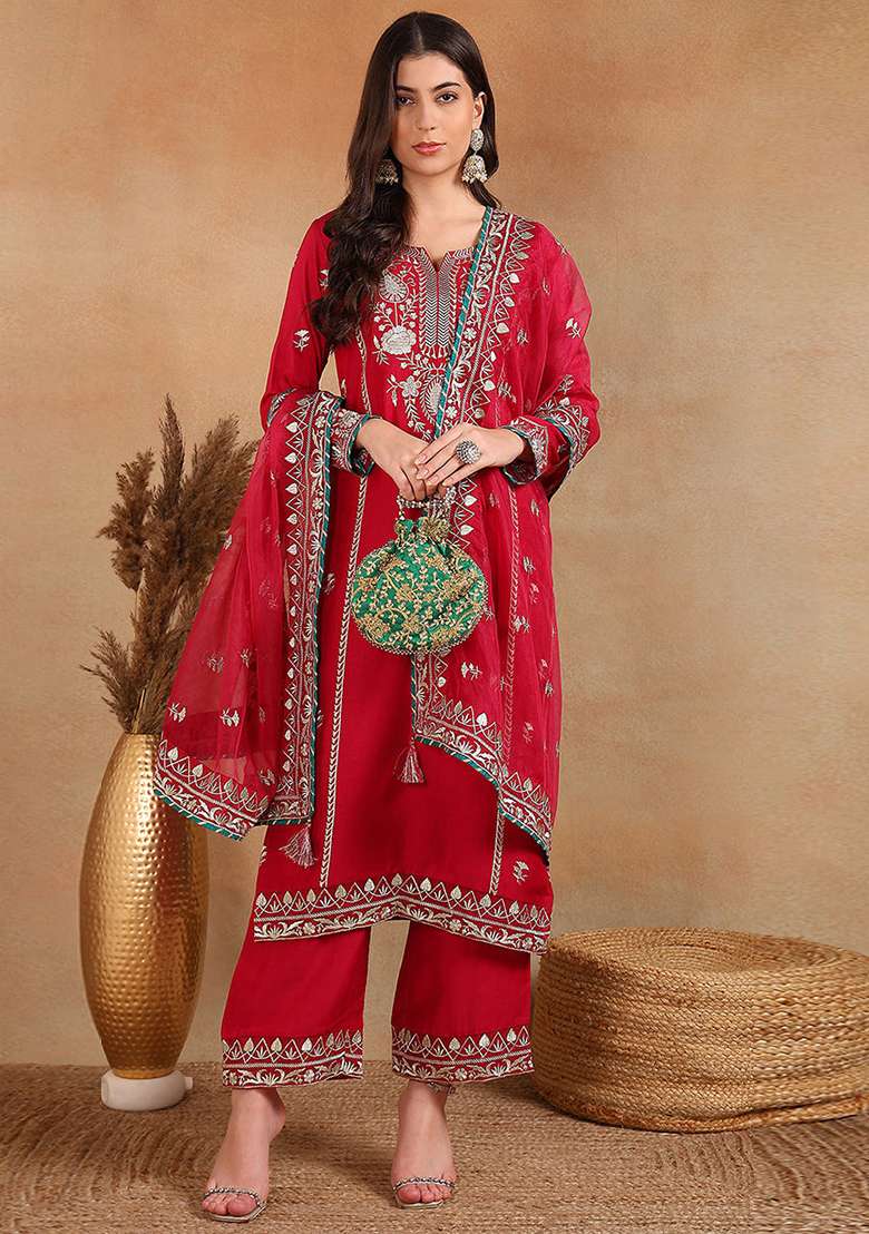 Pink Embroidered Silk Straight Kurta Set - Indya