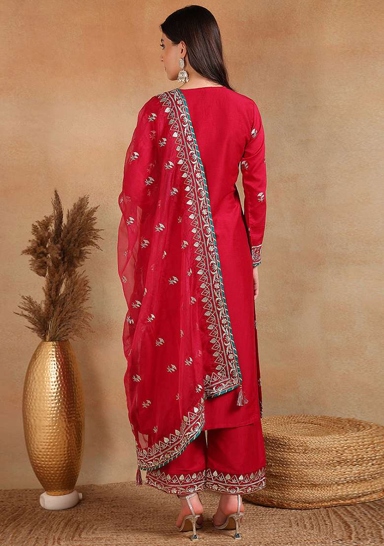 Pink Embroidered Silk Straight Kurta Set - Indya