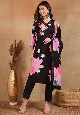 Black Printed Cotton Blend Kurta Set