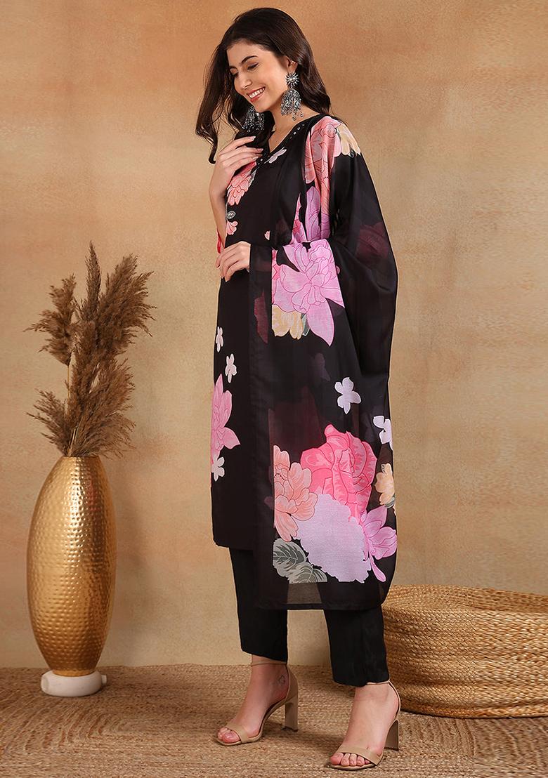 Black Printed Cotton Blend Kurta Set