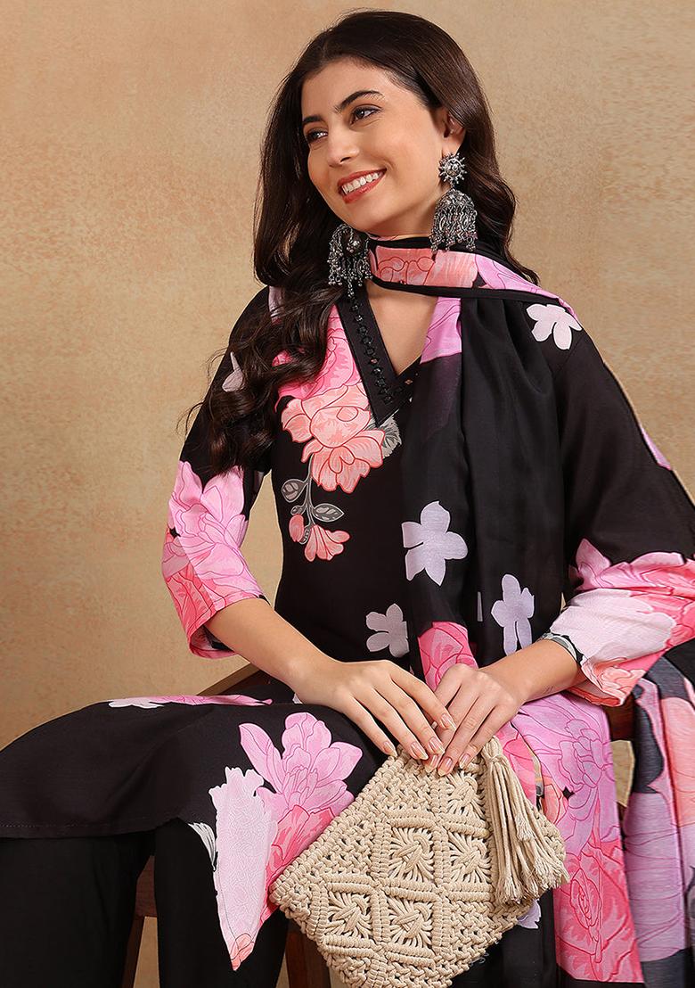 Black Printed Cotton Blend Kurta Set