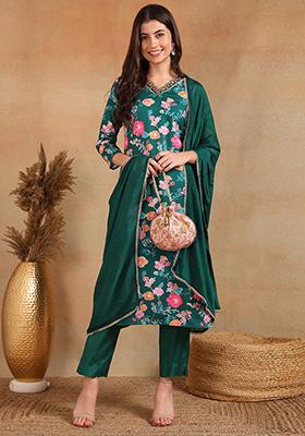 Green Printed Polyester Kurta Set