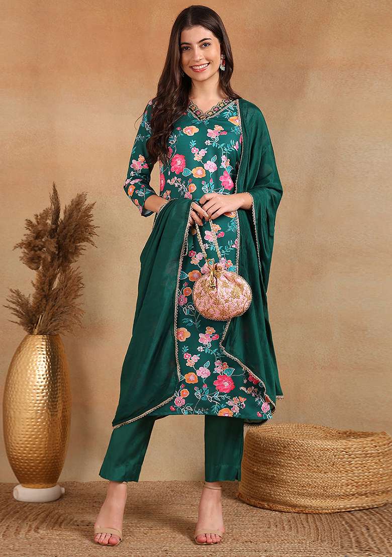 Green Embroidered Polyester Straight Kurta Set - Indya