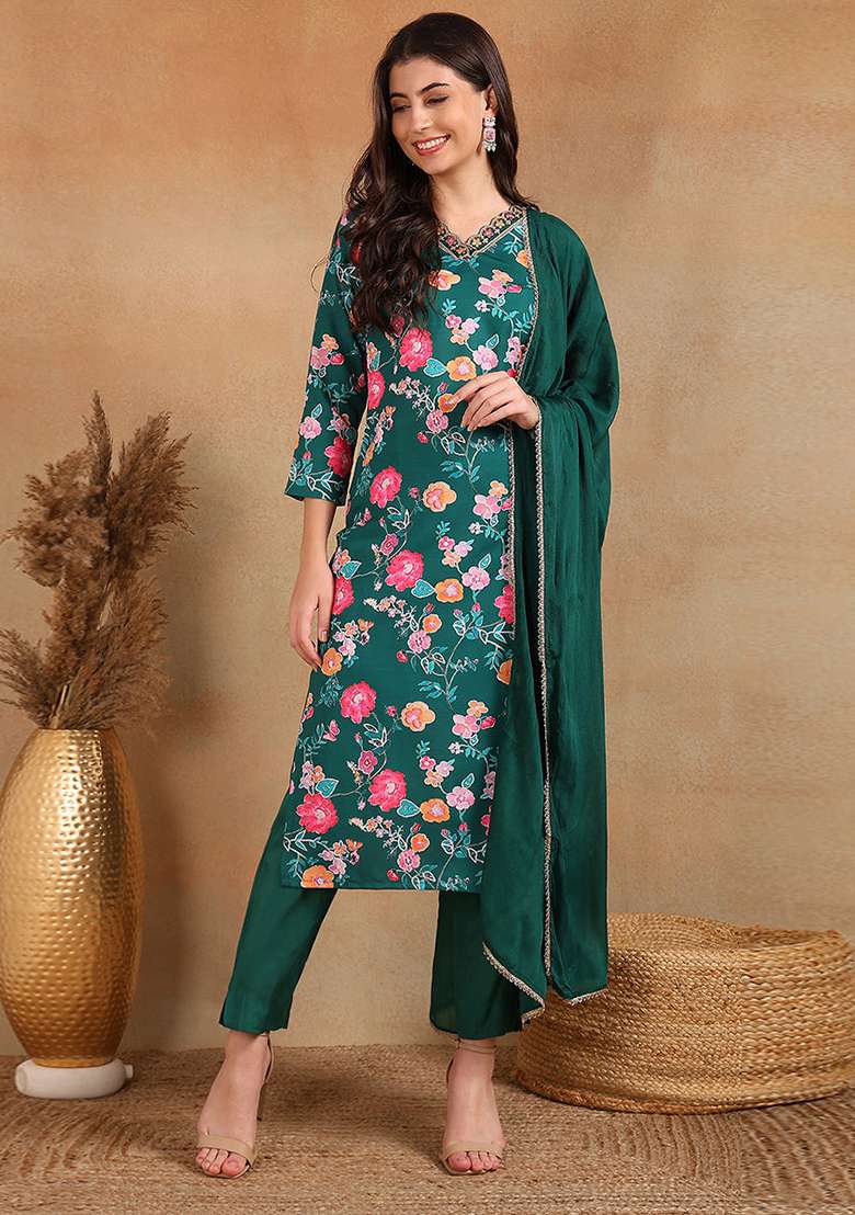 Green Embroidered Polyester Straight Kurta Set - Indya