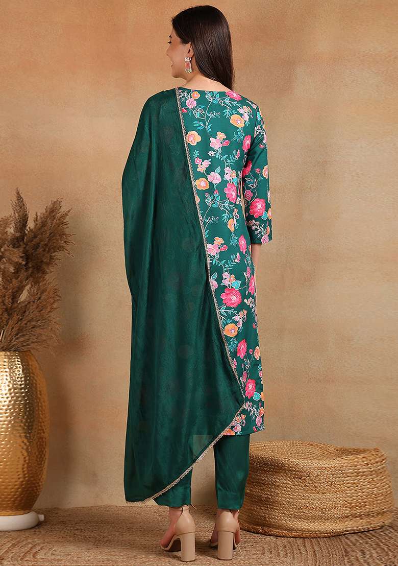 Green Embroidered Polyester Straight Kurta Set - Indya