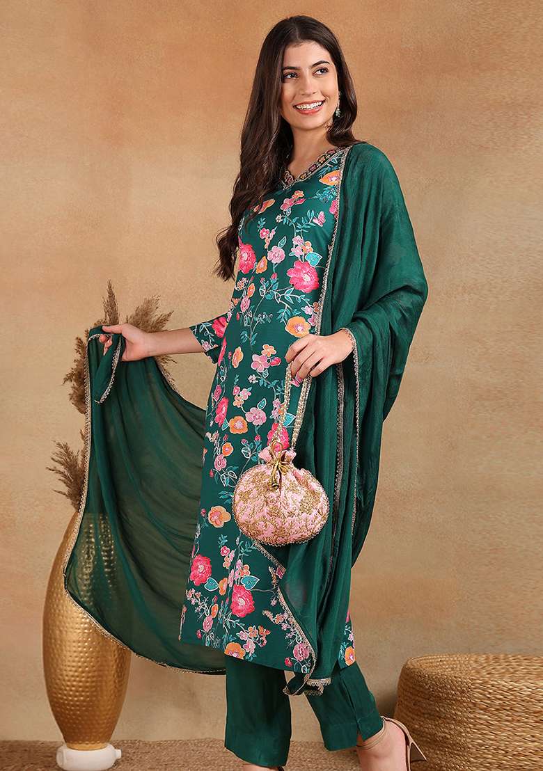 Green Embroidered Polyester Straight Kurta Set - Indya