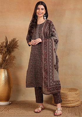 Grey Printed Cotton Blend Kurta Set