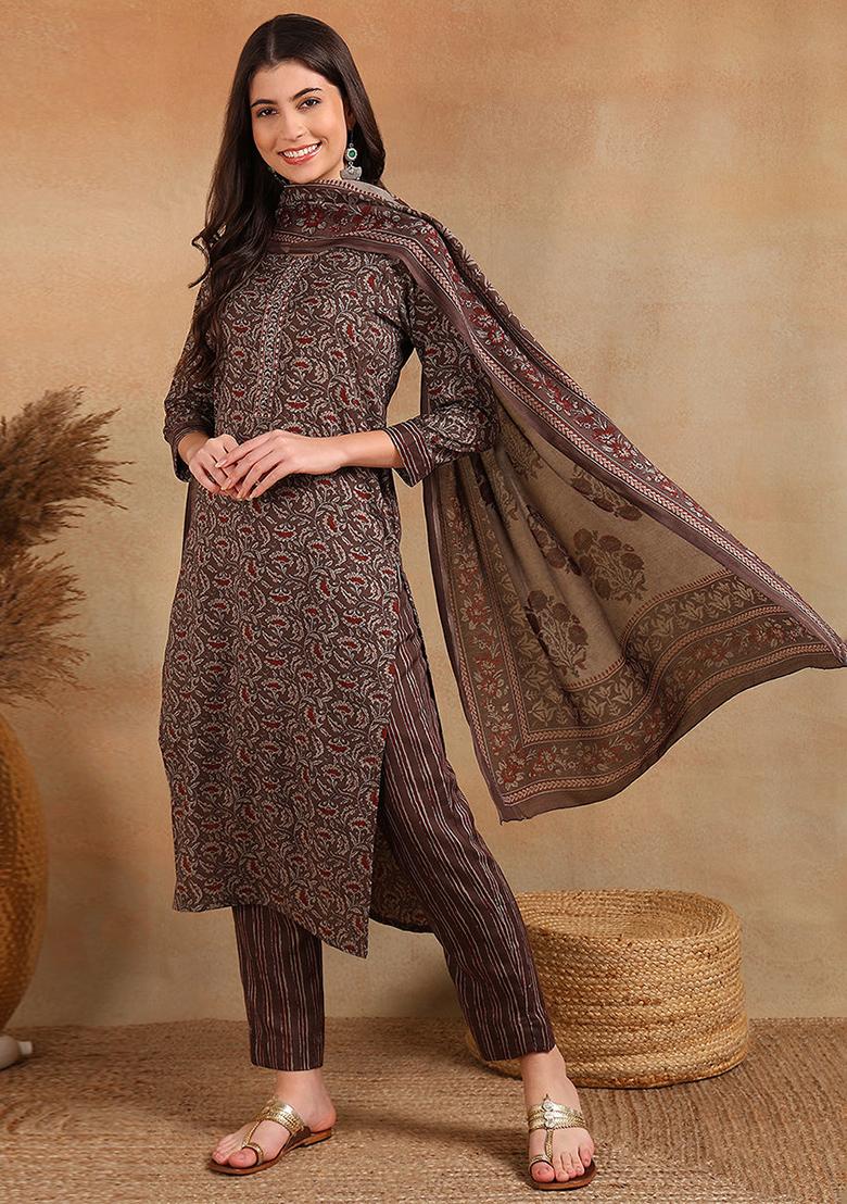 Grey Printed Cotton Blend Kurta Set