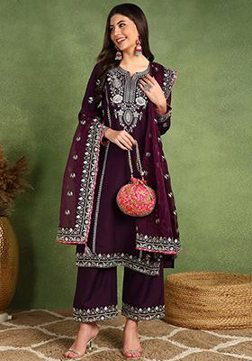 Purple Yoke Design Silk Blend Kurta Set