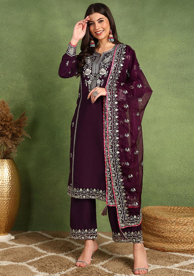 Purple Yoke Design Silk Blend Kurta Set