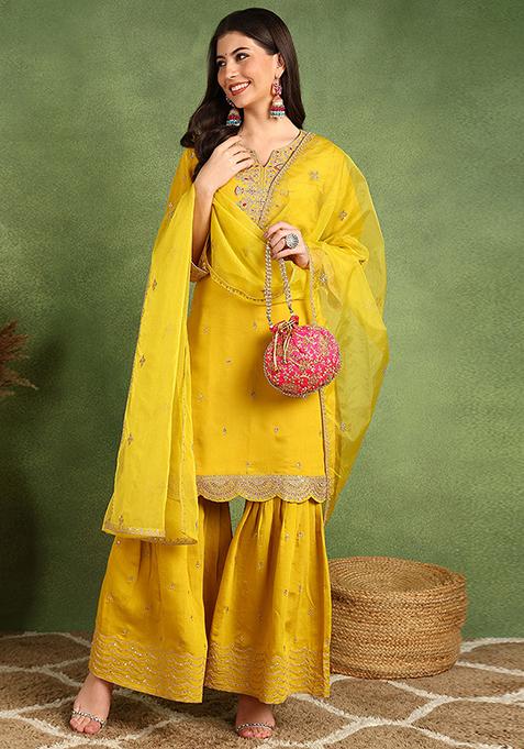 Yellow Embroidered Silk Blend Kurta Set