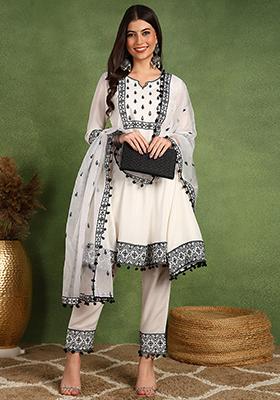 White Embroidered Silk Blend Kurta Set