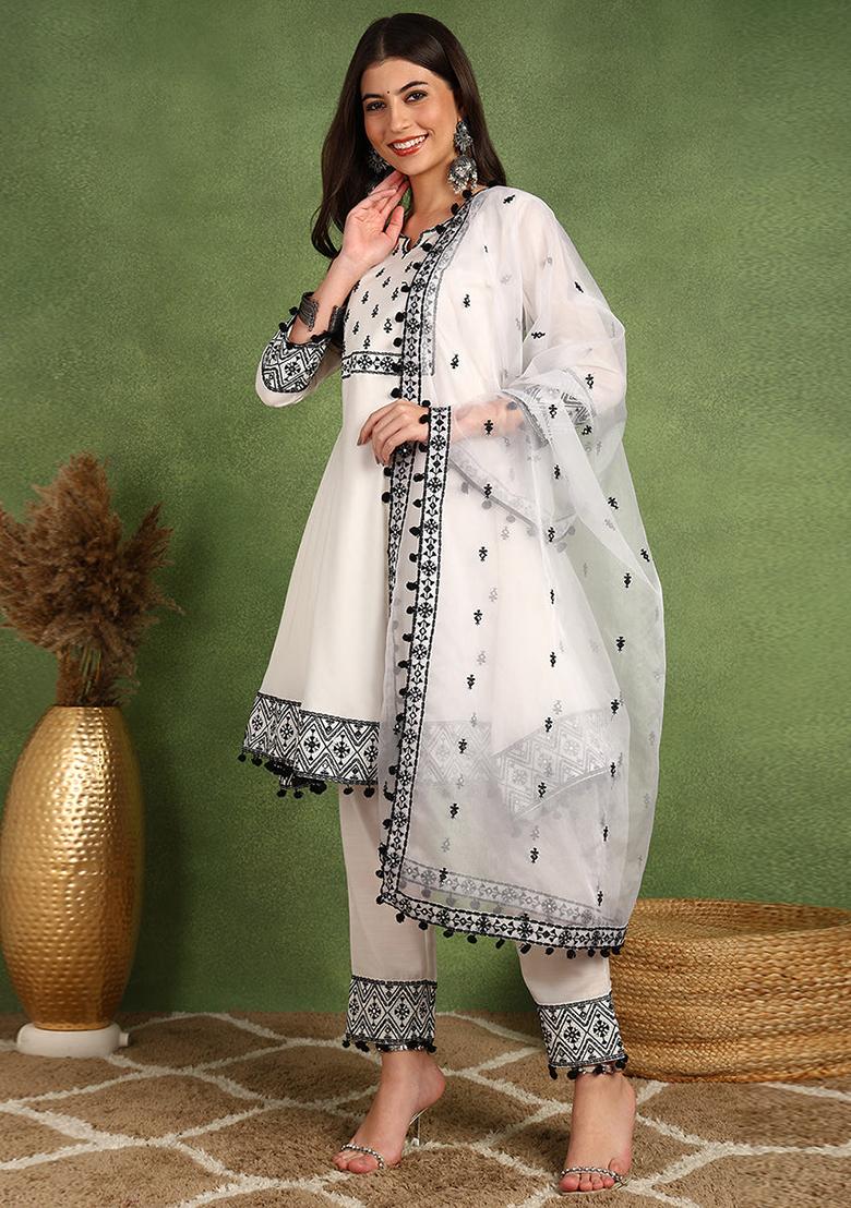 White Embroidered Silk Blend Kurta Set