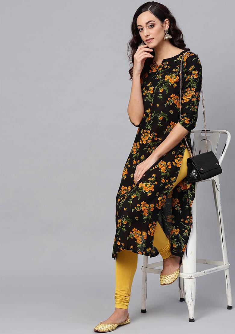 Black Printed Rayon Blend Kurta - Indya