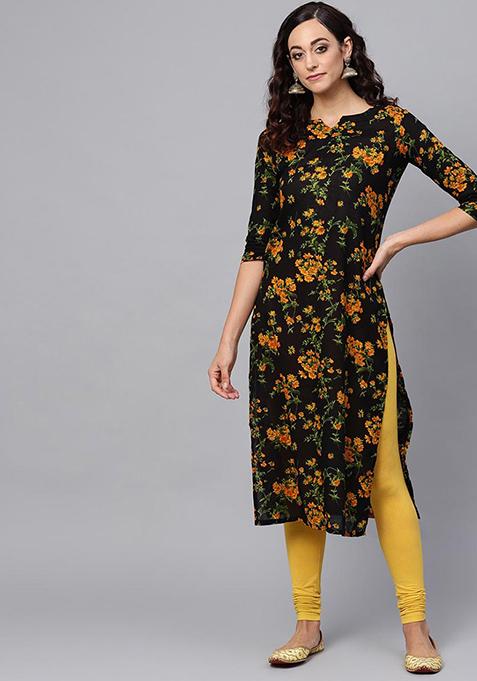 Black Printed Rayon Blend Kurta