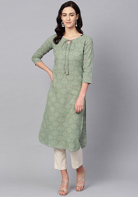 Green Printed Cotton Kurta