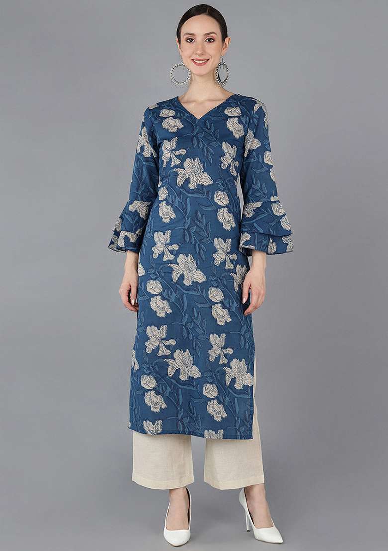 Navy Blue Floral Print Rayon Kurta - Indya
