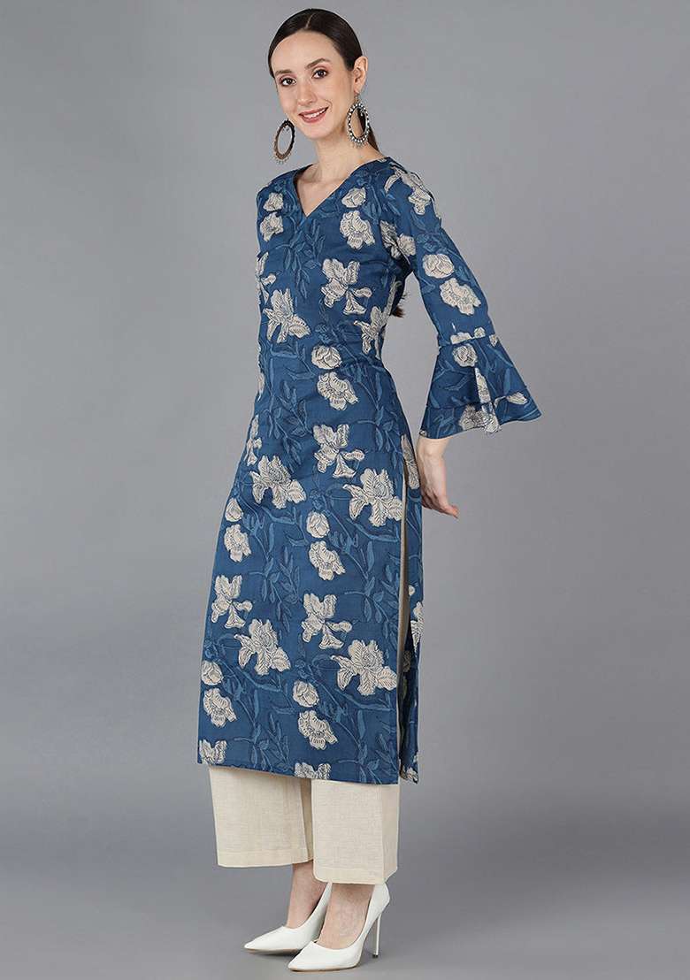 Navy Blue Floral Print Rayon Kurta - Indya