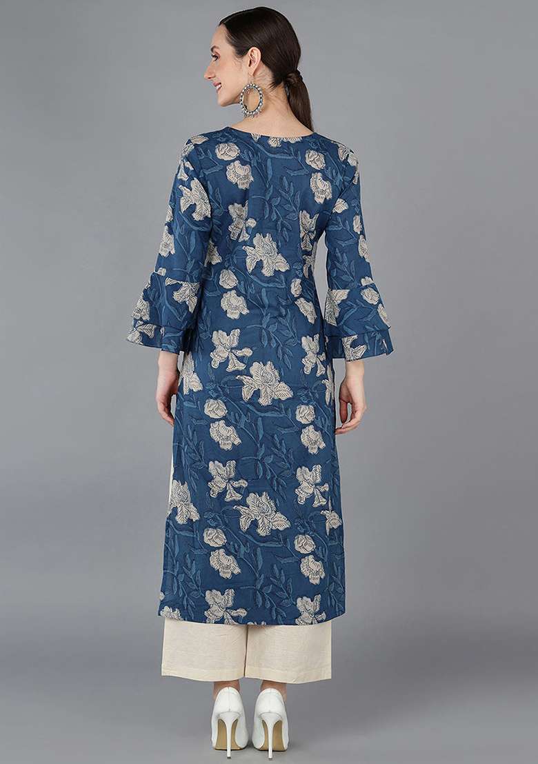 Navy Blue Floral Print Rayon Kurta - Indya