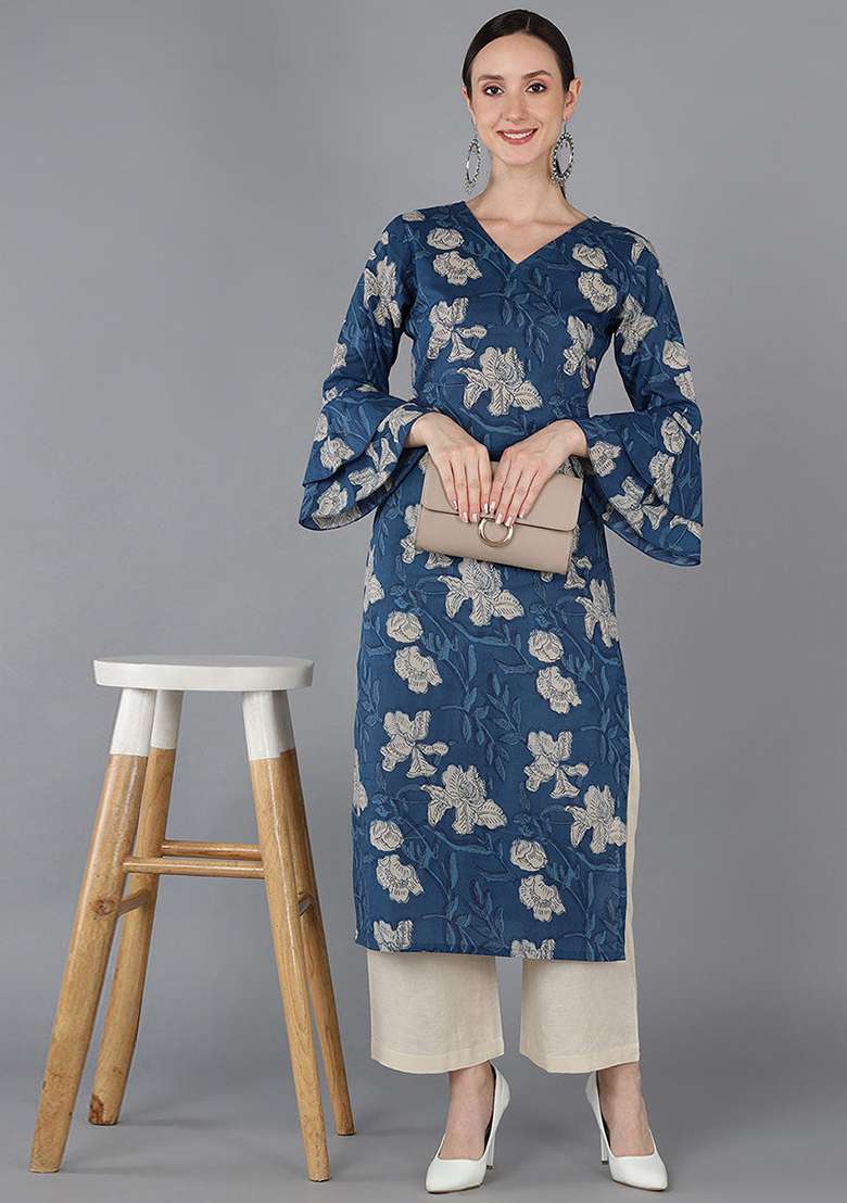 Navy Blue Floral Print Rayon Kurta - Indya