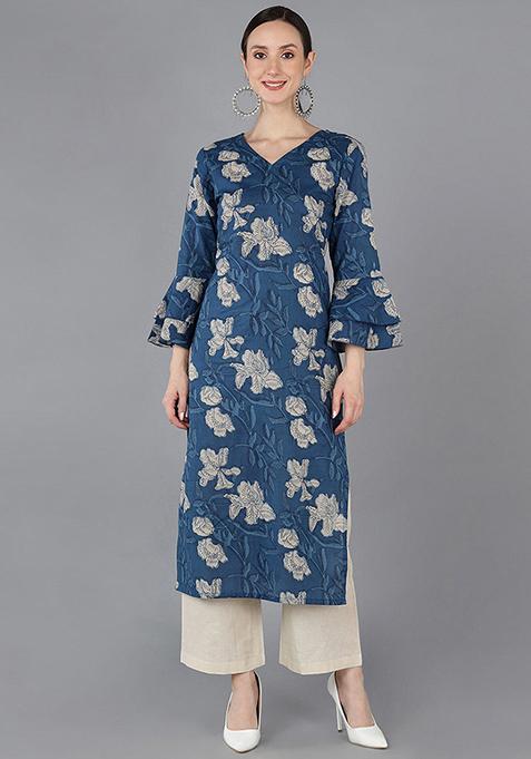 Navy Blue Printed Rayon Blend Kurta