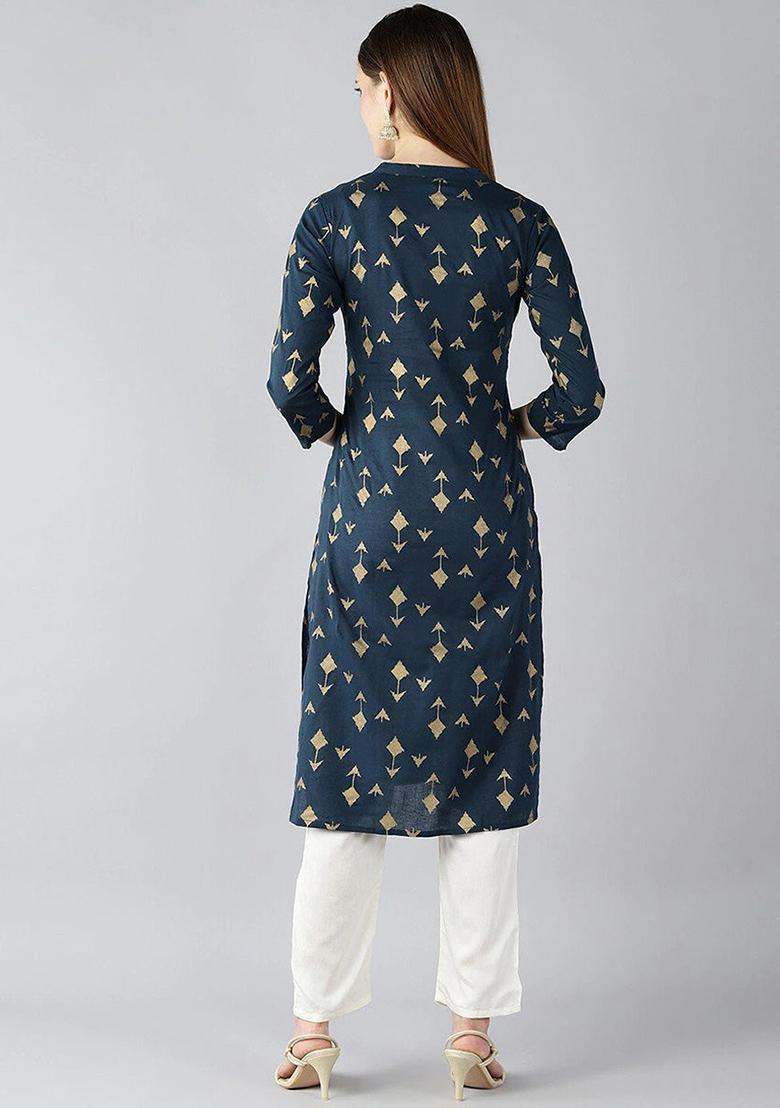 Blue Printed Cotton Kurta