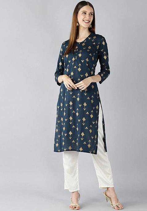 Blue Printed Cotton Kurta