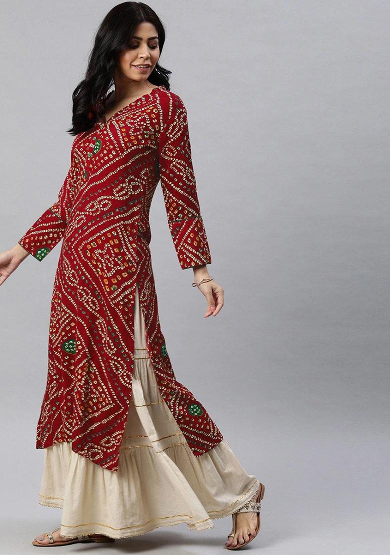 Red Printed Rayon Blend Kurta