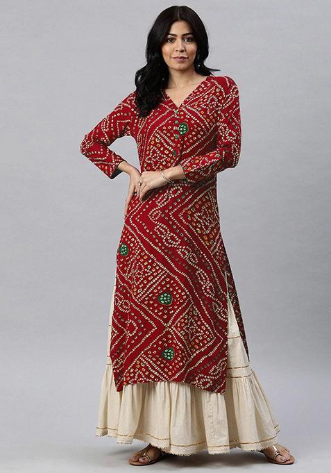 Red Printed Rayon Blend Kurta