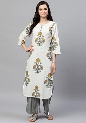 Off White Printed Cotton Kurta Set