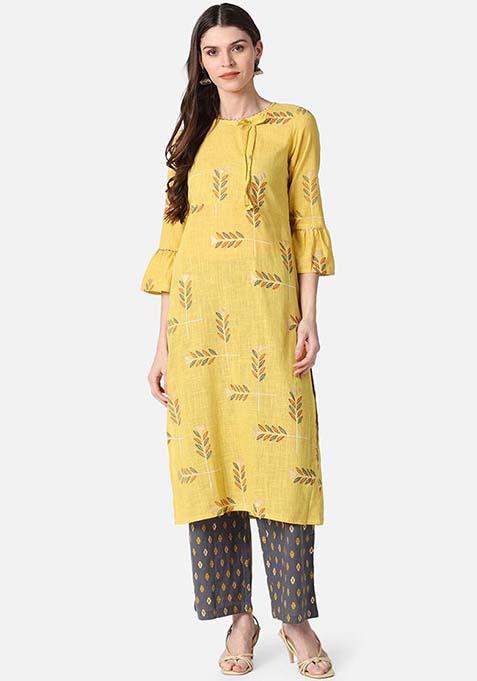 Yellow Printed Cotton Kurta Set
