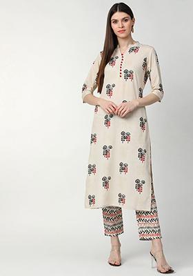Off White Printed Crepe Kurta Set