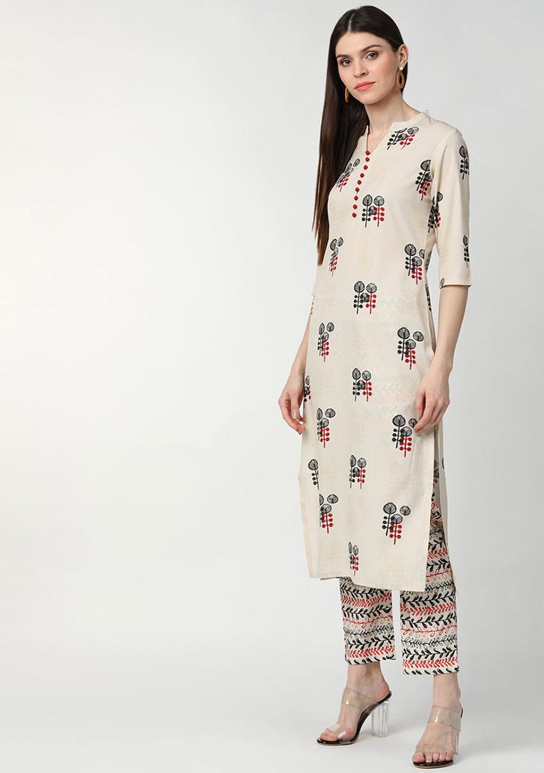 Off White Printed Crepe Kurta Set