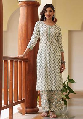 Off White Printed Rayon Blend Kurta Set