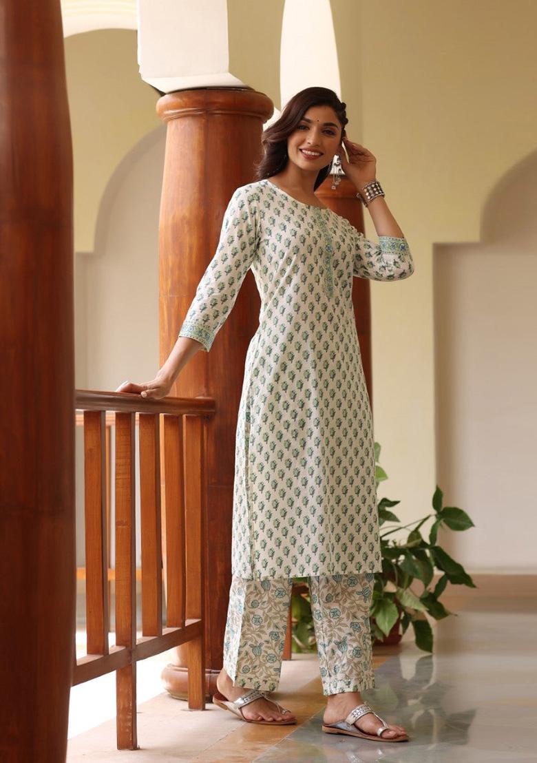 Off White Printed Rayon Blend Kurta Set