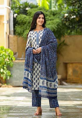 Blue Printed Rayon Blend Kurta Set