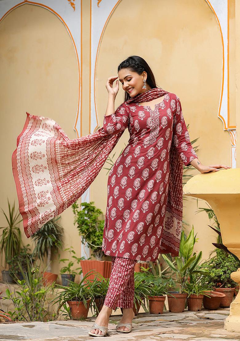 Maroon Embroidered Rayon Blend Kurta Set