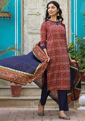 Maroon Printed Cotton Kurta Set