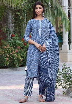 Blue Printed Cotton Kurta Set