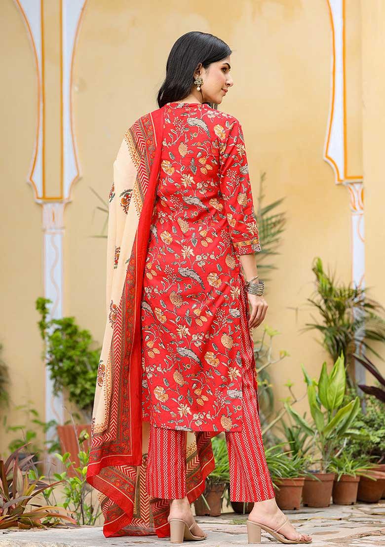 Red Printed Cotton Kurta Set