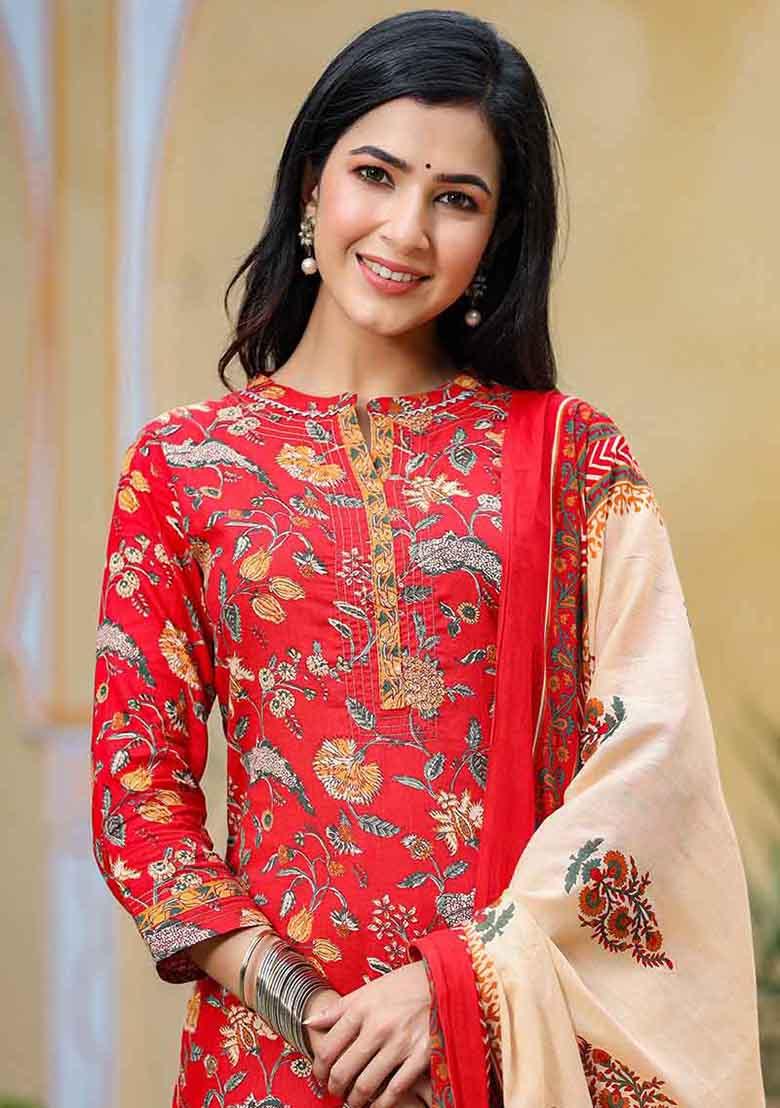 Red Printed Cotton Kurta Set
