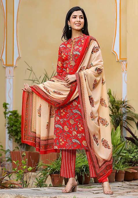 Red Printed Cotton Kurta Set
