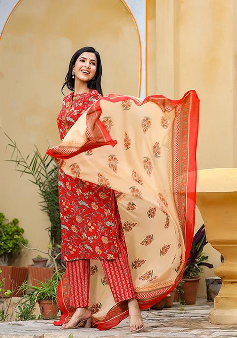 Red Printed Cotton Kurta Set