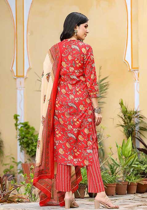 Red Printed Cotton Kurta Set