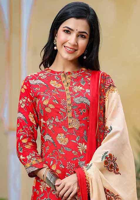 Red Printed Cotton Kurta Set