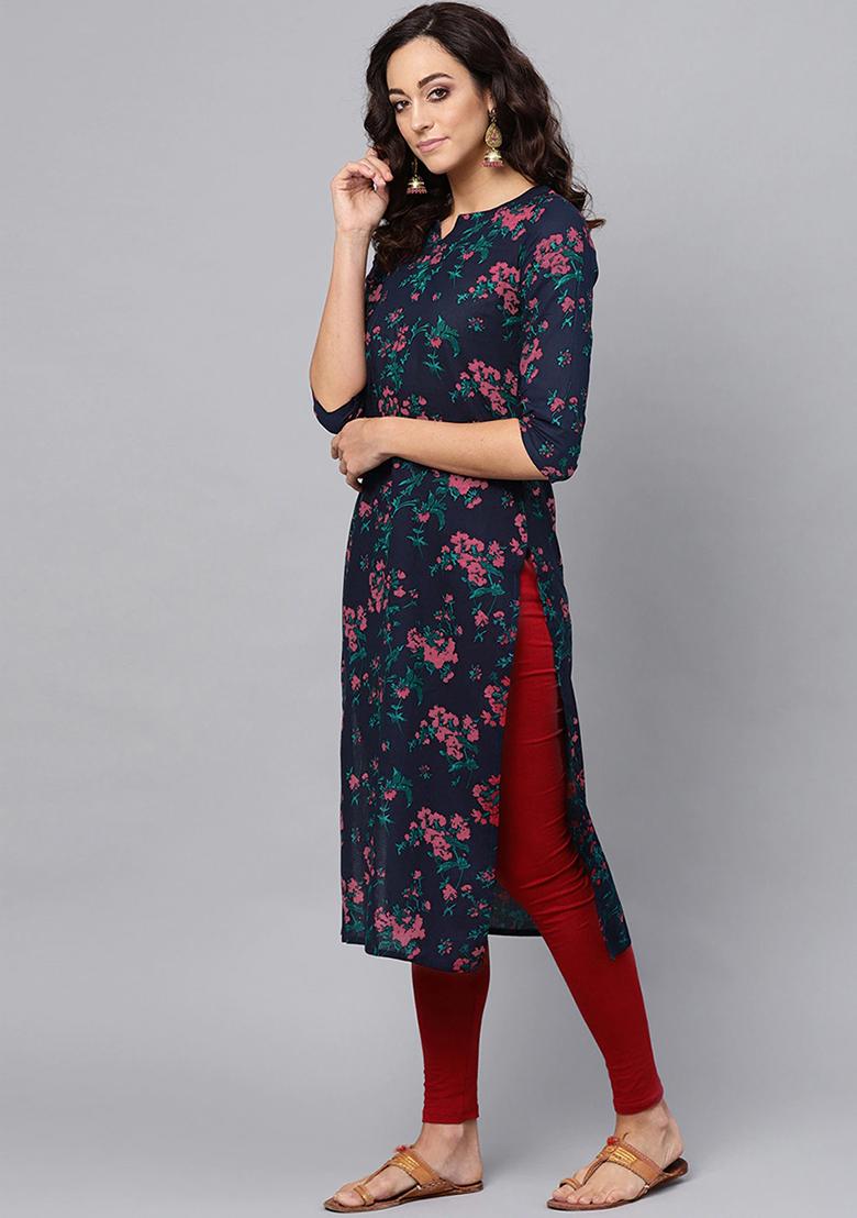 Blue Printed Rayon Blend Kurta