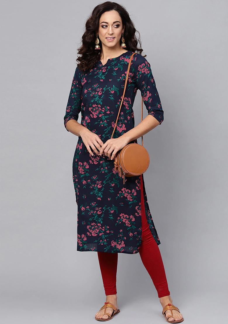 Blue Printed Rayon Blend Kurta