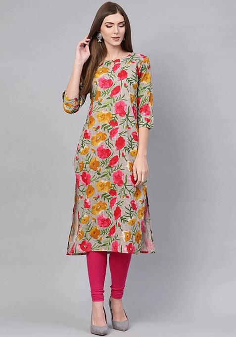 Grey Printed Rayon Blend Kurta